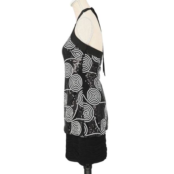 Cache Dress Womens 2 Black White Sequin Halter Fitted Short Ruched Hem Zip New - Picture 5 of 16